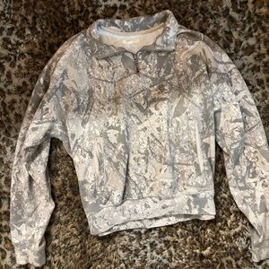 Cropped Half-Zip Pullover Sweater - Gray White Camouflage